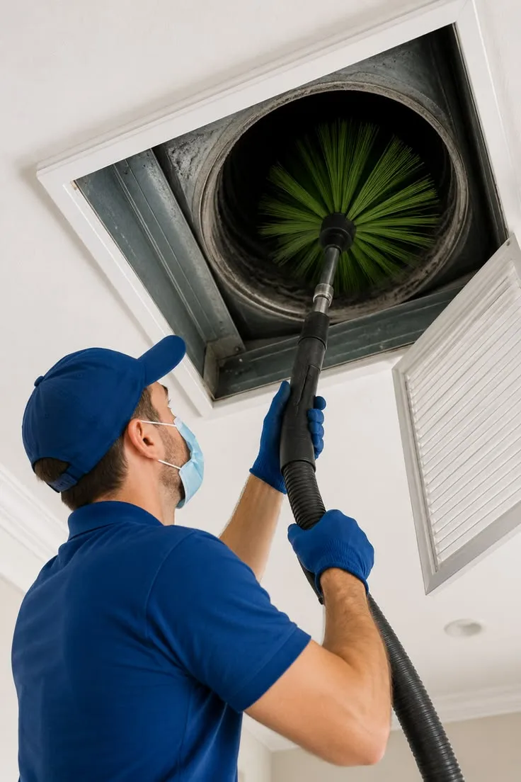 Technician cleaning an air duct